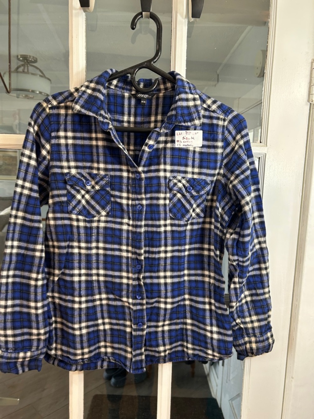 L21.    George Blue Black White Plaid Top
